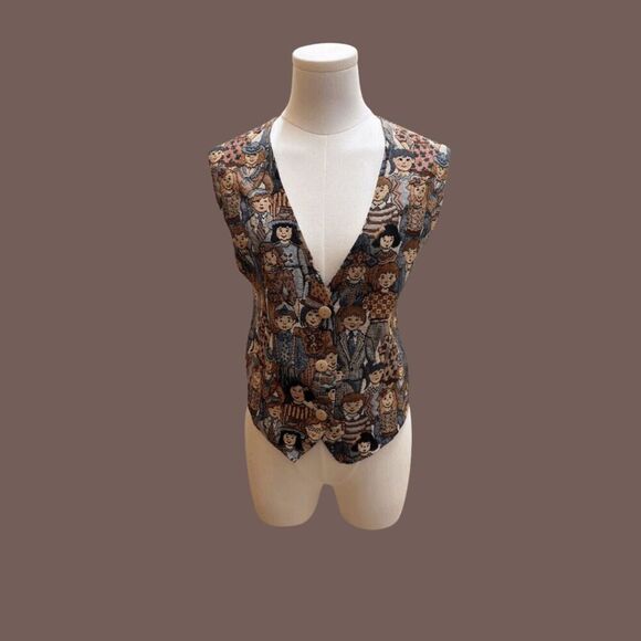 VTG FACETS By Mirrors Women's Children of the World Tapestry Vest Brown Size M - Picture 1 of 5